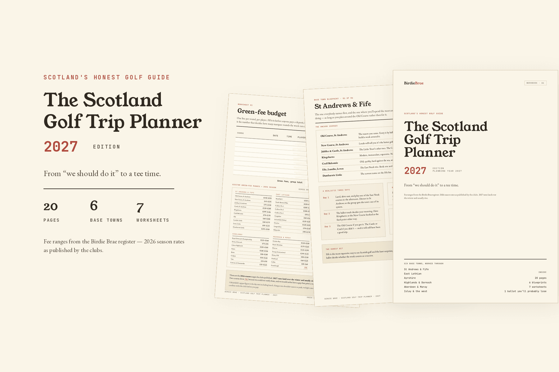 The Scotland Golf Trip Planner — A4 pages fanned out showing the green-fee budget worksheet, a base-town blueprint and the cover
