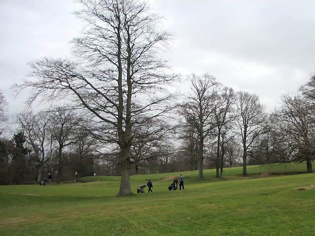 Golfers on the parkland course at Murrayshall, Scone, the hotel behind the trees