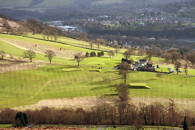 Galashiels Golf Course from the hill above, the town in the valley